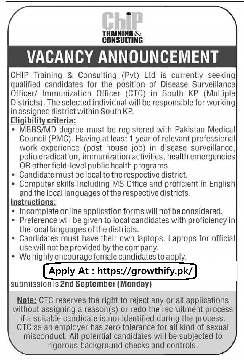 Disease Surveillance Officer/Immunization Officer (CTC) At CHIP Training & Consulting (Pvt) Ltd